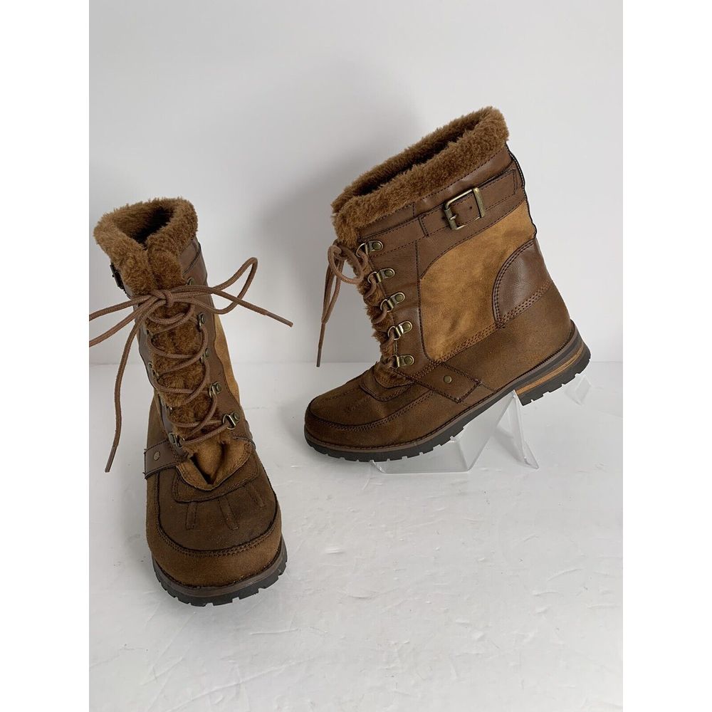 Rock & Candy New Danlea Brown Mid Calf Winter Snow Faux Fur Lace Up Boots Sz 9